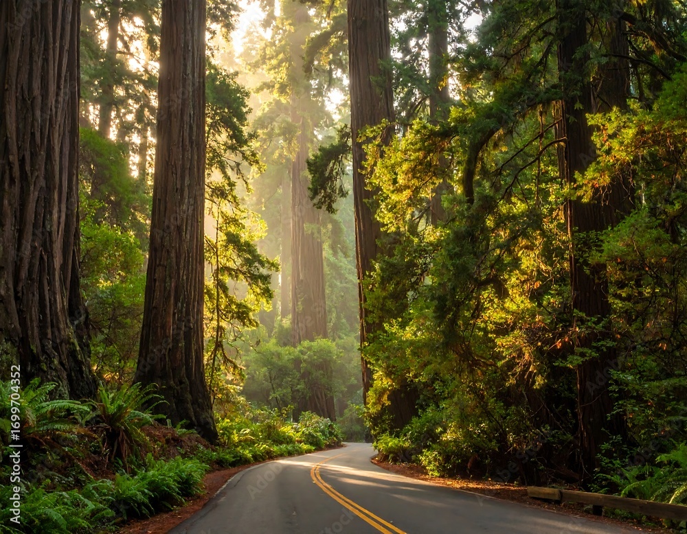 Obraz premium Majestic redwoods along a winding road create an immersive natural landscape