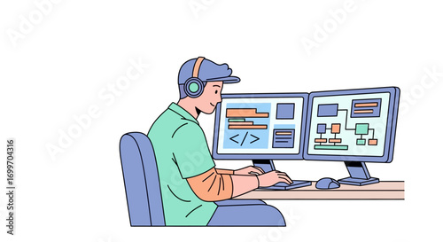 Young Male Programmer Coding on Dual Monitors.