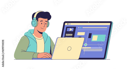 Young man with headphones working on a laptop computer.