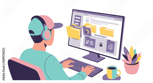 Young Man Organizing Digital Files on Computer.