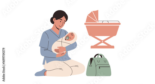 Young mother tenderly holding her swaddled newborn baby.