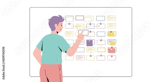 Young professional planning a project workflow on a large whiteboard.