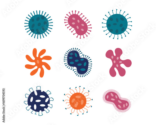 Set of various colorful bacteria and virus icons. A collection of primary germ and microbe graphical illustrations isolated on a white background