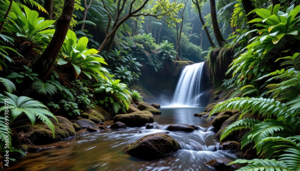Fototapeta premium Serene Tropical Rainforest with Waterfall and Lush Greenery Reflecting Tranquility in Nature's Embrace