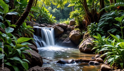 Tranquil Stream Flowing Through Lush Green Jungle With Sunlight Filtering Through Canopy