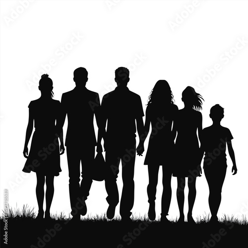 Family silhouette walking together on white background