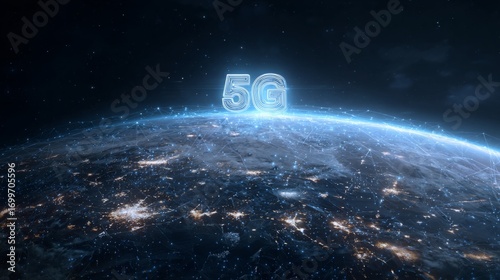 High-speed internet covering all areas of the world, Glowing 5G and wireless symbols over a digital background , futuristic , Generative AI