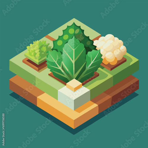 Isometric flat icon of lettuce, cauliflower, and kale arranged together.
