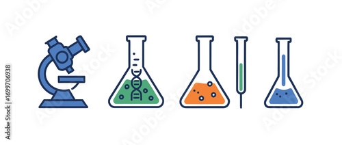 A collection of science laboratory icons featuring a microscope, beakers, and test tubes for research and experimentation