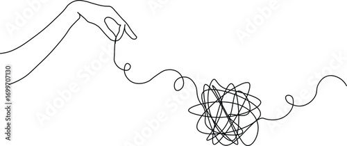 Unraveling complexity with a single thread, hand delicately navigating chaos, symbolizing clarity, problem-solving, and hope in a world of uncertainty and mental health awareness
