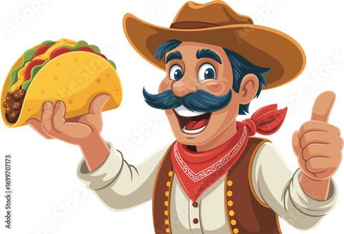 Mexican cartoon character, cowboy with taco, mustache man, traditional food, cheerful mascot, Mexican cuisine, taco illustration, sombrero man, spicy food lover