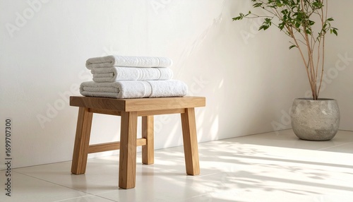 Fresh White Towels Stacked on Wooden Stool