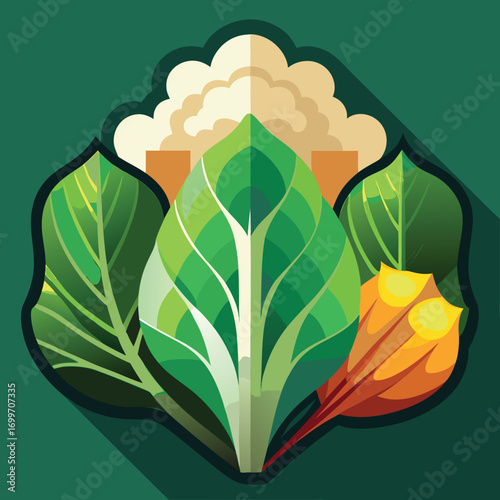 Flat colorful icon of lettuce head with kale leaves and a cauliflower curd, arranged side by side.
