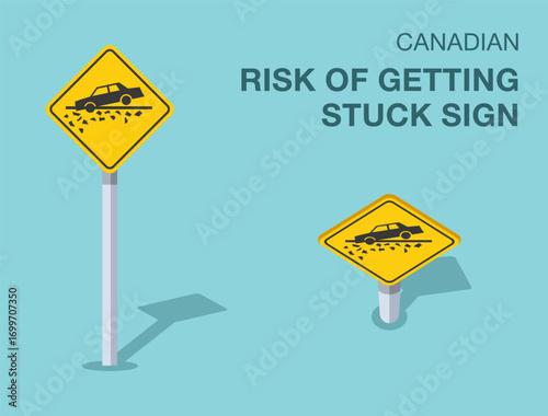 Traffic regulation rules. Isolated canadian "risk of getting stuck" road sign. Front and top view. Flat vector illustration template.