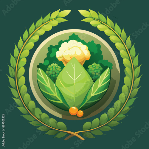 Flat icon of kale and lettuce wrapping around cauliflower like a wreath.