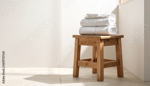 Clean White Towels on Wooden Stool Bathroom