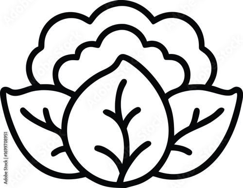 Minimalist line art icon of lettuce, cauliflower, and kale leaves stacked together in one circular emblem.