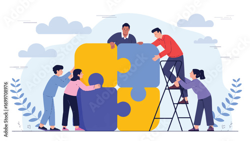 Vector art of teamwork assembling a large puzzle