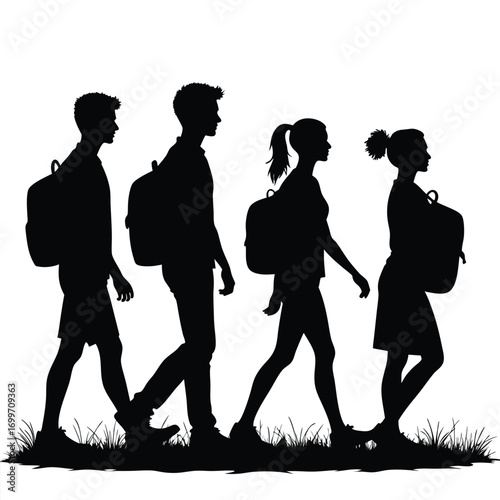 Four Children Walking with Backpacks Silhouette flux