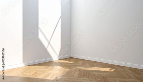 Bright empty room corner with white walls and wooden parquet floor illuminated by natural sunlight casting geometric shadows.