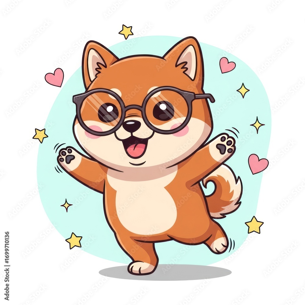 Fototapeta premium Cute Shiba Inu Dog with Glasses Dancing Happily Cartoon Illustration.