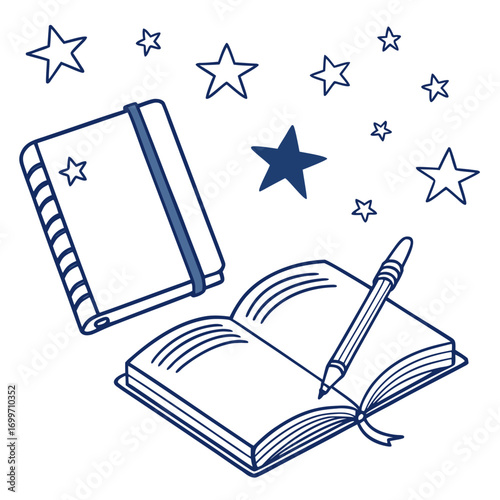 Hand drawn open notebook with pen and closed notebook surrounded by stars on a white background