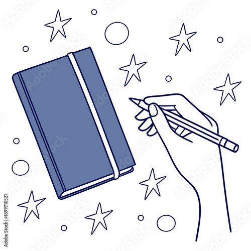 Hand holding pencil writing in notebook surrounded by stars and circles creative inspiration concept