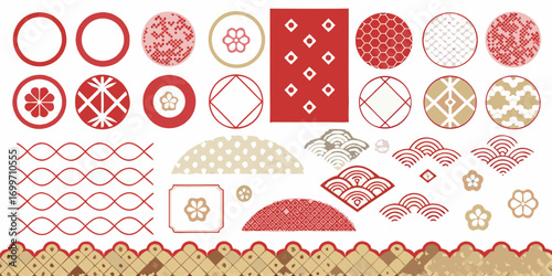 Collection of traditional japanese decorative elements and patterns in red and beige tones