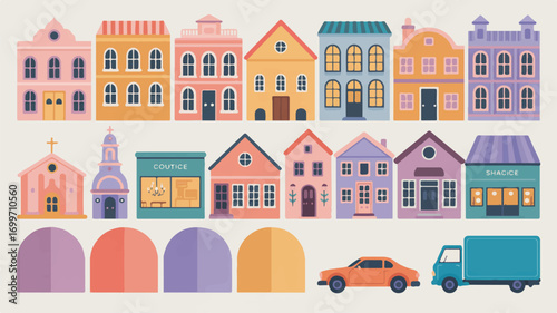 Vector art of colorful cartoon houses, church, shop, car, and truck