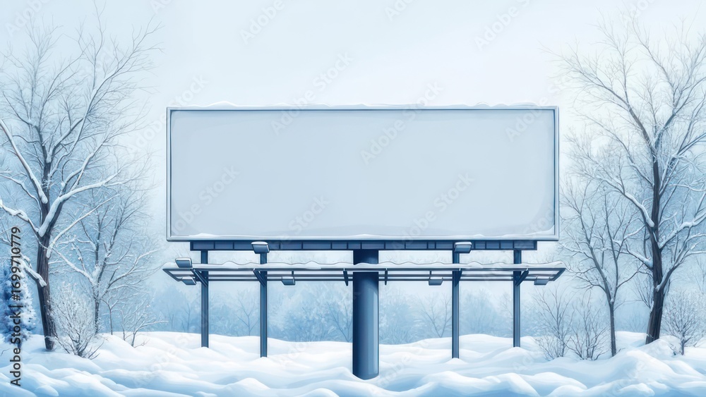 Fototapeta premium Blank Billboard in Snowy Winter Landscape with Bare Trees and Soft Light
