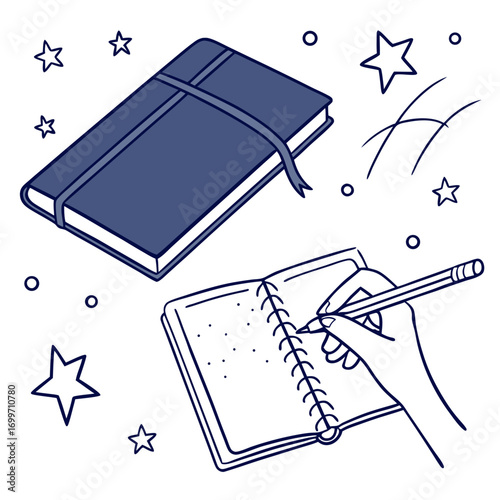 Hand writing in an open notebook with a pencil surrounded by stars and circles on a white background