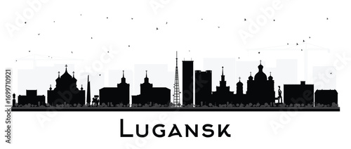 Lugansk city skyline silhouette with black buildings isolated on white. Luhansk cityscape with landmarks. Business travel and tourism concept with modern and historic architecture.