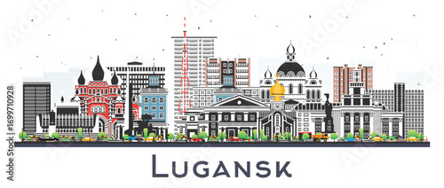Lugansk city skyline with color buildings isolated on white. Luhansk cityscape with landmarks. Business travel and tourism concept with modern and historic architecture.