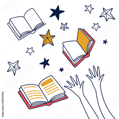 Open books and stars floating in the air with hands reaching up towards them