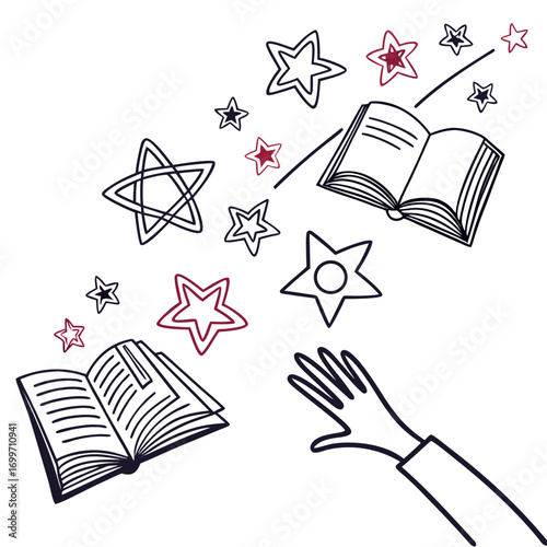 Open books and scattered stars ascend towards a reaching hand symbolizing imagination and learning