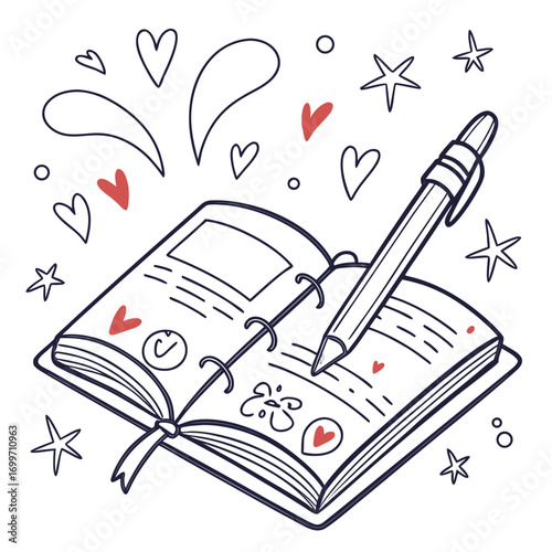 Open diary with pen and decorative hearts stars and bubbles for creative writing and journaling