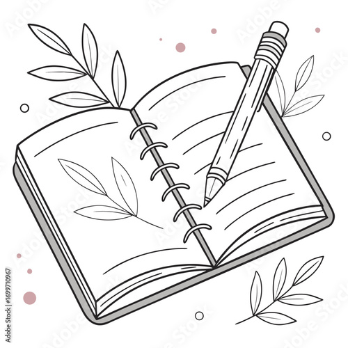 Open notebook with a pencil and decorative leaves symbolizing creativity and writing in a minimalist style