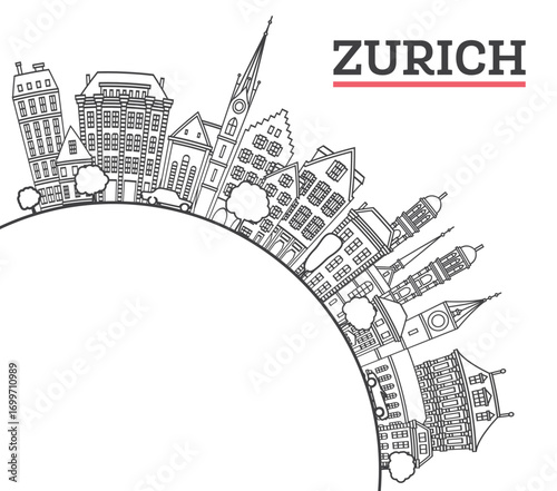 Outline Zurich Switzerland City Skyline with Historic Buildings and copy space Isolated on White. Illustration. Zurich Cityscape with Landmarks.