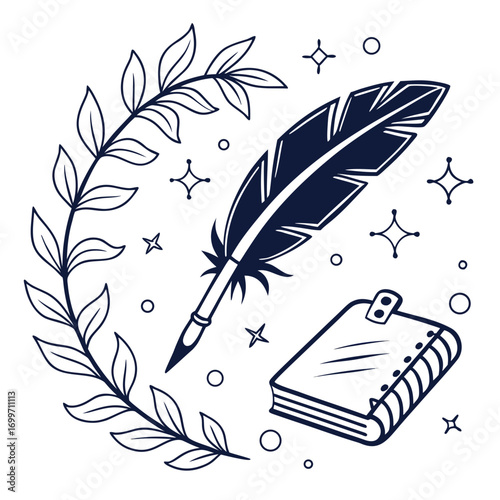 Vintage quill pen and notebook surrounded by laurel leaves and sparkles for creative writing and storytelling