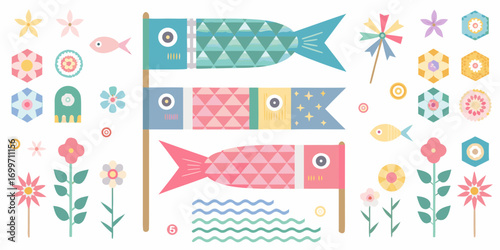 Colorful japanese koinobori carp streamers and traditional elements for childrens day celebration