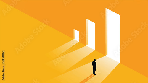 Vector art of man standing before three doorways of increasing size and brightness