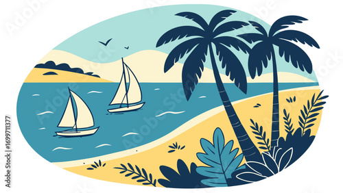 Tropical beach scene with sailboats and palm trees