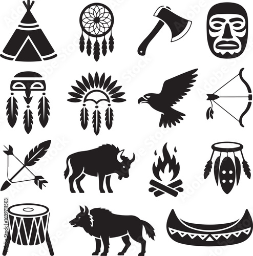 Native American Icons Silhouette Collection Teepee Dreamcatcher Buffalo Keywords: native american