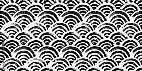 Abstract black and white repeating pattern of stylized waves or scales with a textured brushstroke effect