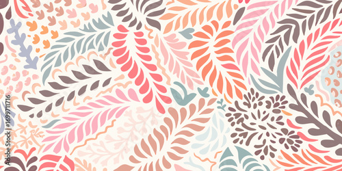 Abstract organic shapes and botanical elements in a pastel color palette seamless pattern