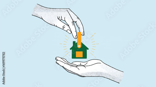 Vector art of hands exchanging a miniature house symbolizing property transfer
