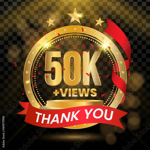 50K Views Logotype with Gold and red Confetti Isolated on Black Background, Vector design for video display celebration.
