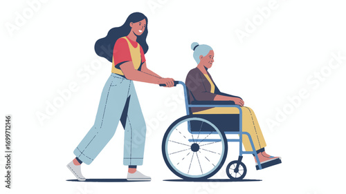 Vector art of young woman pushing elderly woman in wheelchair