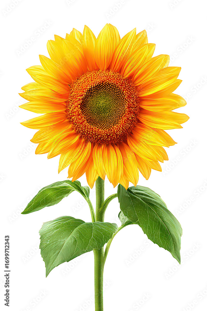 Obraz premium Vibrant Yellow Sunflower with Dewdrops on Green Leaves