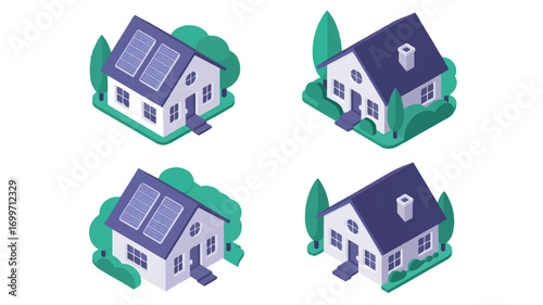 Vector art of four isometric houses with solar panels